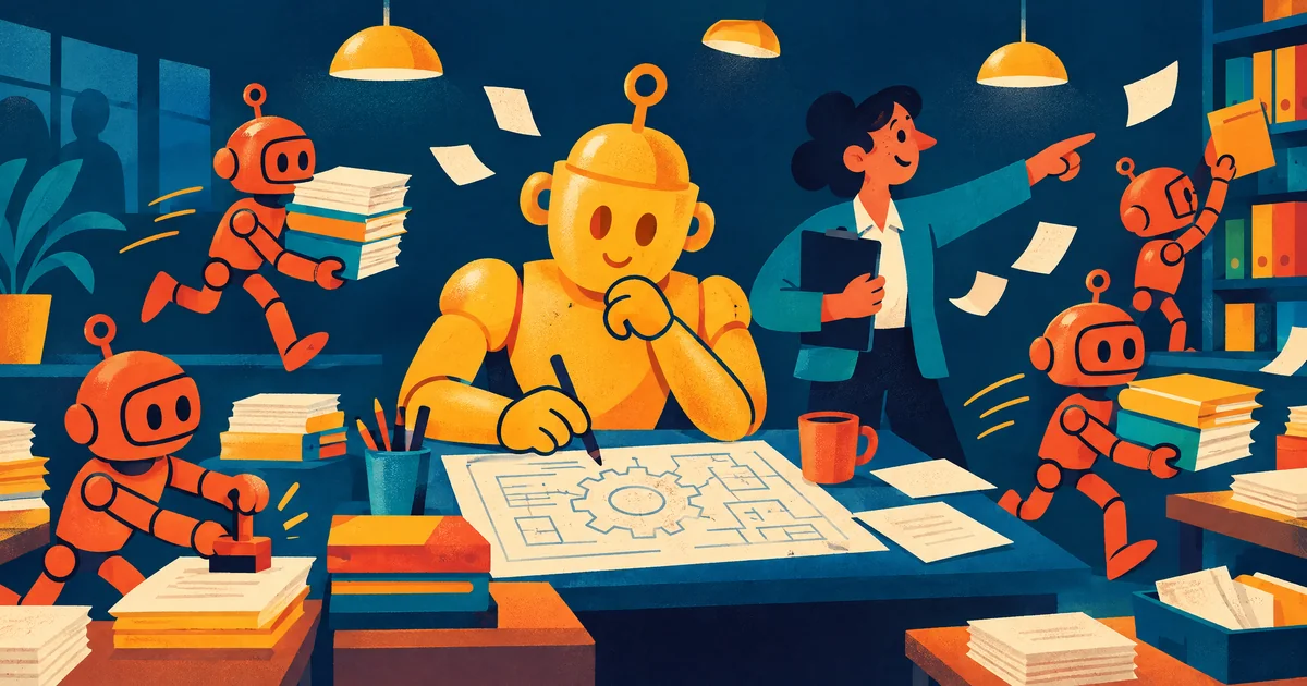 Illustration of an office where small orange robots rush around carrying stacks of paper and stamping forms, while a large golden robot works calmly on a blueprint and a manager with a clipboard directs the flow.
